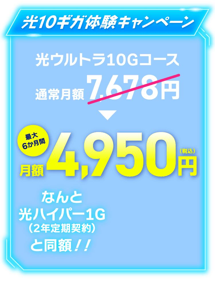 光10ギガ体験キャンペーン　最大6か月間月額4,950円