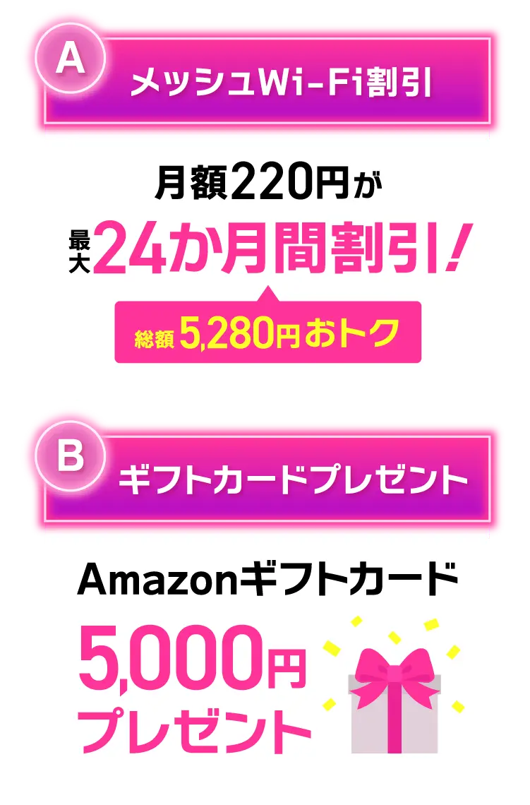 特典A「メッシュWi-Fi割引 月額220円が最大24か月間割引！」　特典B「ギフトカードプレゼント　Amazonギフトカード5,000円分プレゼント」